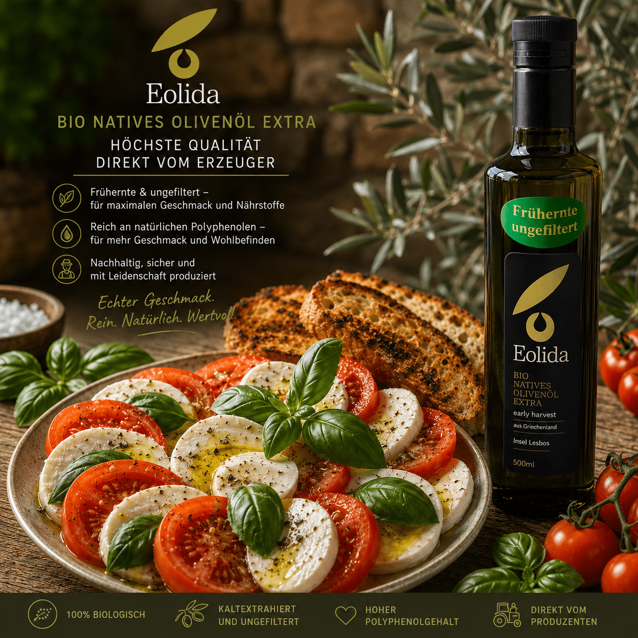 Caprese mit Eolida ungefiltertes Bio Olivenöl